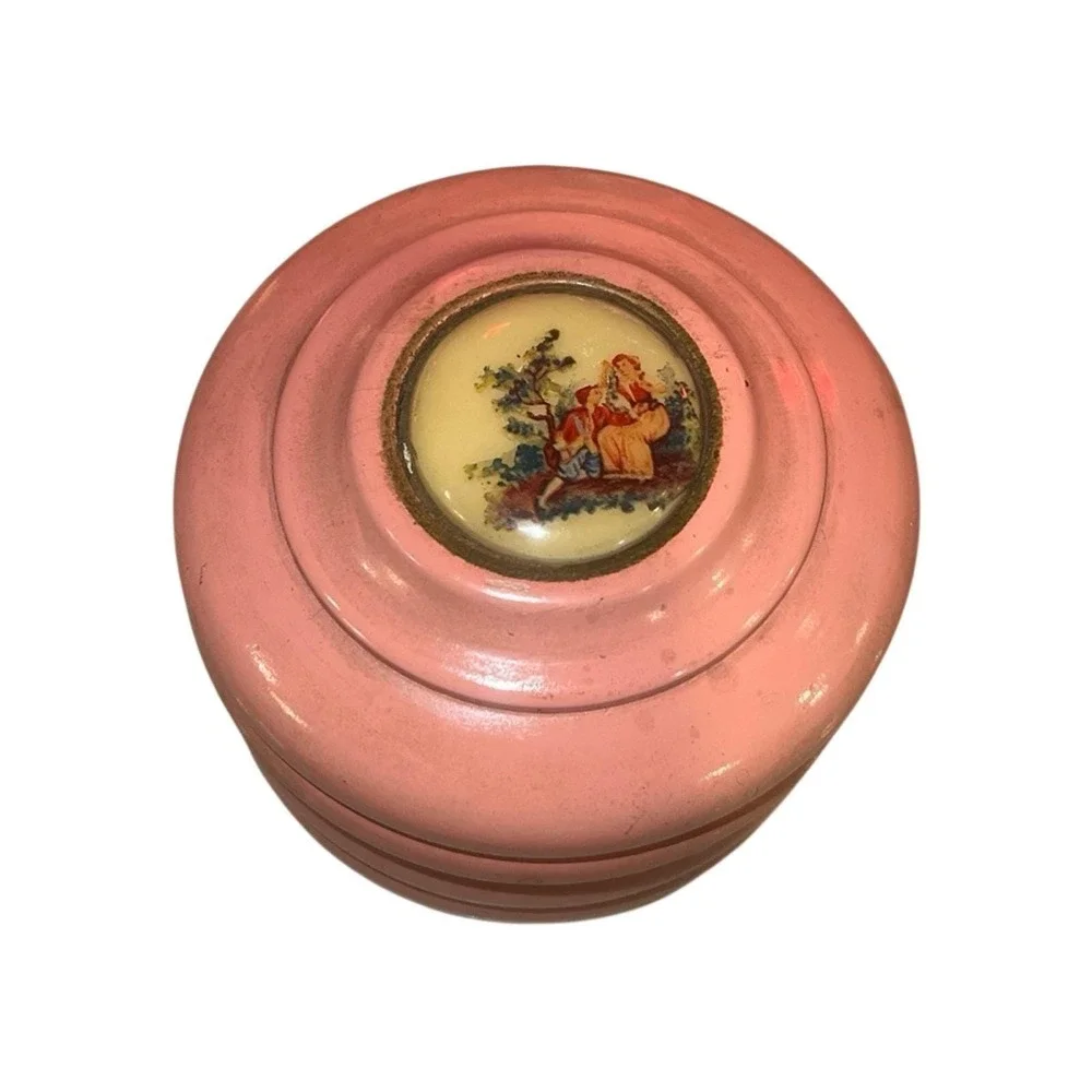 VTG Pink Musical Trinket Box Boudoir Vanity Courting Couple Japan Wind‎ Up Decor